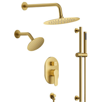 Dual Heads 10" Rain Shower Faucet with Slide Bar Handheld Shower, Brushed Gold