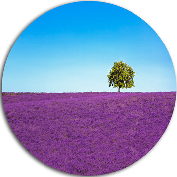 Lonely Tree In Lavender Field, Landscape Round Wall Art, 11"