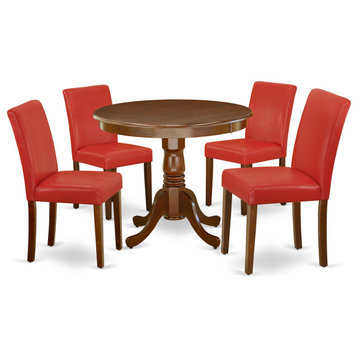 5-Piece Round 36" Table, 4 Parson Chair, Pu Leather Color Firebrick Red