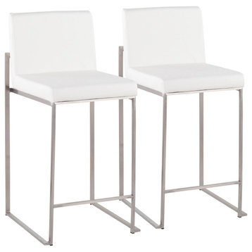 Fuji High Back Counter Stool, Set of 2m Stainless Steel, Stainless Steel, White
