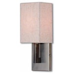Livex Lighting - Meridian 1-Light ADA Wall Sconce, Brushed Nickel - This wall sconce from the Meridian collection has a clean, crisp look and contemporary appeal. The sleek back plate and angular arm feature a brushed nickel finish. The hand crafted oatmeal fabric hardback shade offers warm light for your surroundings.