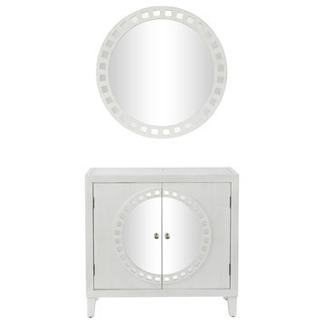 Contemporary Console Table With Wall Mirror, Cabinet Doors With Geometric Accent