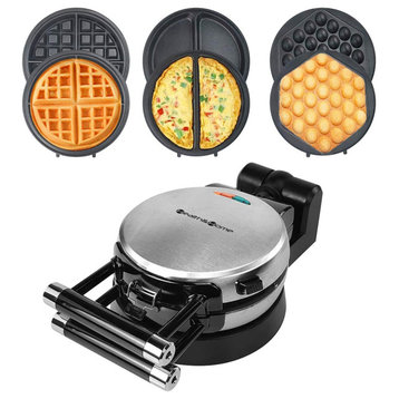 3-in-1 Waffle, Omelet, Egg Waffle Maker, 3 Removable Nonstick Baking Plates, Silver-3