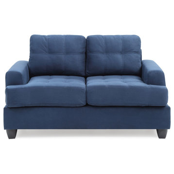 Navy Blue Microfiber Sofa With Flared Arms