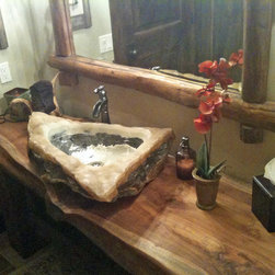 Quartz & Marble Vessel Sink On Reclaimed Monkeypod Wood Vanity - Vanity Tops And Side Splashes