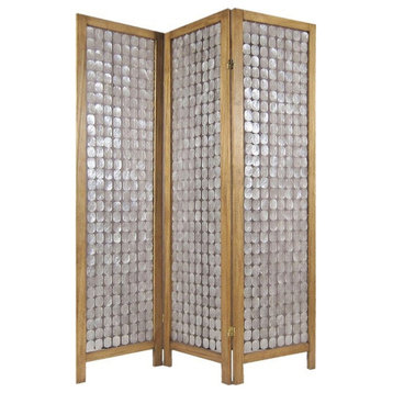 3 Panel Wooden Screen With Pearl Motif Accent, Brown and Silver