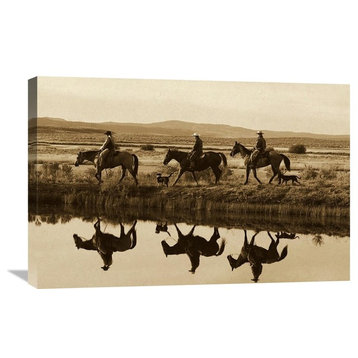 "Cowboys And A Cowgirl Riding Horses Beside Pond, Oregon - Sepia" Artwork
