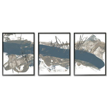 Abstract Line Painting Bold Blue Busy Grey Movement,3pc, each 11 x 14