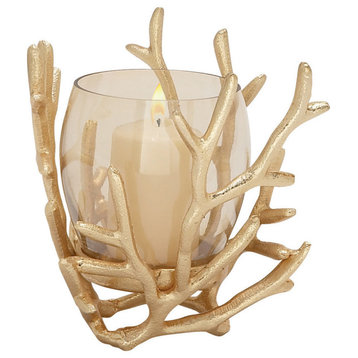 Coastal Metallic Coral Decorative Candle Holder with Round Smoked Glass