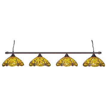 Square 4 Light Bar In Bronze, 16" Amber Dragonfly Tiffany Glass