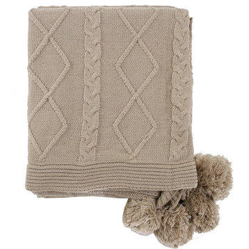 Luxe Faux Fur Cable Knit Reversible Pom Pom Throw Blanket 50"x60", Taupe