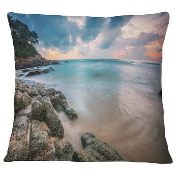 Gloomy Tropical Sunset Beach Seascape Throw Pillow, 18"x18"