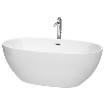 63" Freestanding Bathtub, White, Floor Mounted Faucet, Drain, Trim, Chrome