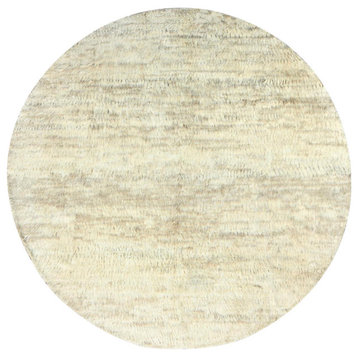 Beige Shaggy Moroccan Undyed Natural Wool Hand Knotted Round Rug, 12'0"x12'1"