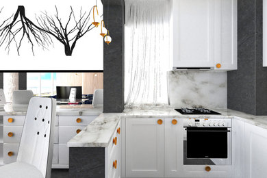 Design ideas for a small modern grey and white u-shaped open plan kitchen in Dorset with a built-in sink, shaker cabinets, white cabinets, marble worktops, white splashback, stainless steel appliances, grey floors, white worktops, feature lighting, marble splashback, ceramic flooring, multiple islands and a drop ceiling.