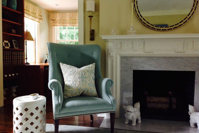 Inspiration for a mid-sized transitional open concept and formal dark wood floor living room remodel in New York with a standard fireplace, a plaster fireplace, beige walls and no tv