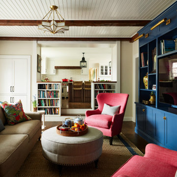 Cozy Colonial Family Room with Navy Built-in and a Symphony of Color