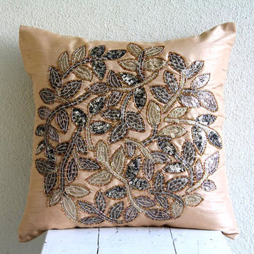 Beige 3D Sequins Leaf Pillows Cover, Art Silk 18"x18" Pillows Cover, Leaf Rings