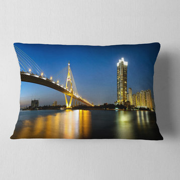 Lit up Bhumibol Bridge at Dusk Cityscape Throw Pillow, 12"x20"