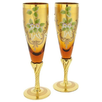 GlassOfVenice Set Of Two Figaro Murano Glass Champagne Flutes 24K Gold Leaf- Gol