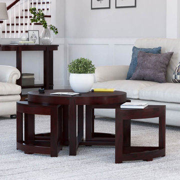 Murrieta Solid Wood Round Coffee Table With 4 Nested Stools