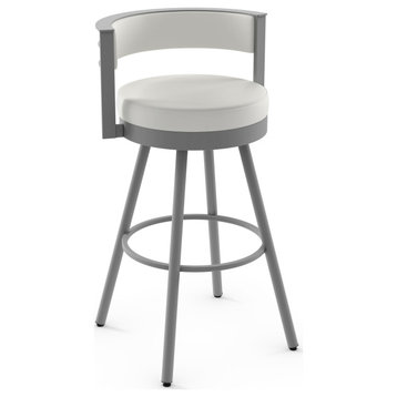 Amisco Eller Swivel Counter and Bar Stool, Off White Faux Leather / Shiny Grey Metal, Bar Height