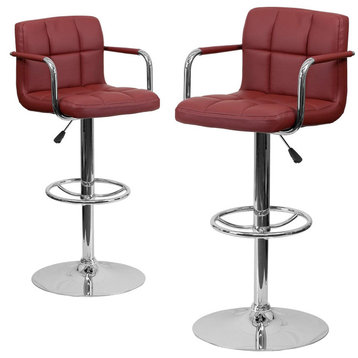 Set of 2 Bar Stool, Metal Legs With Quilted Vinyl Seat & Mid Backrest, Burgundy