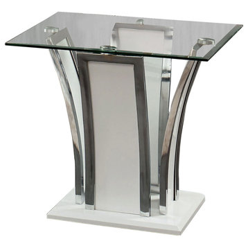 Chrome Trim Flared Base End Table With Glass Top, White And Silver