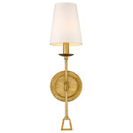 Lighting Favorites - One Light Tradtional Sconce in Gilded Gold with Shade - This one light sconce combines a base of classic angular lines with a crisp white shade for a luxurious yet simple statement. This allows the sconce to add a bit of drama to any room without overwhelming the space. Finished in our gilded gold finish and rated for damp location, this modern traditional sconce can be placed in many spaces in your home.  With a 5 inch diameter backplate and a 20 inch height, this wall sconce works for many of the high ceiling designs. There is a 13 inch height from the top to the outlet, and a 7 inches from the outlet to the bottom.