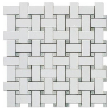 Greek Thassos Greek White Marble Basketweave With Green Dots, Honed 1X2