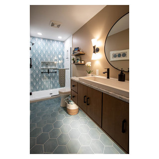 Blue and White Transitional Guest Bathroom with Floating Vanity and ...