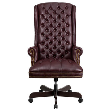 Swivel Office Chair, Diamond Button Tufted Back With Nailhead Trim, Burgundy
