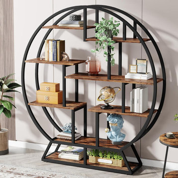 Tribesigns 63" Bookcase, Round Etagere Bookshelf With Staggered Shelves, Brown