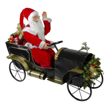 24" Santa Delivering Presents in a Black and Gold Vintage Car Christmas Decor