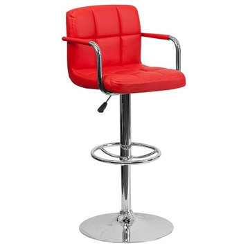 Contemporary Red Quilted Vinyl Adjustable Height Barstool, Arms and Chrome Base