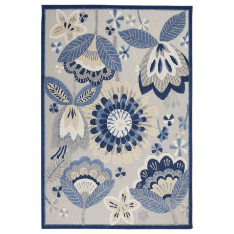 6' X 9' Blue And Gray Floral Indoor Outdoor Area Rug