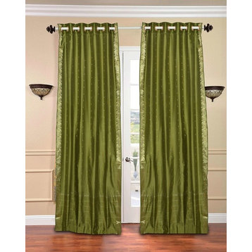 Olive Green Ring Top  Sheer Sari Curtain / Drape / Panel   - 43W x 84L - Piece