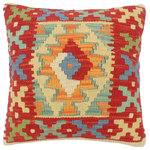 Bareens Designer Rugs - Boho Chic Turkish Tyrrell Hand Woven Kilim Pillow - Embellish your home with this timeless casual chic handmade Southwestern Kilim throw pillow covers made with wool and cotton. Constructed on a loom by Nomad Turkman people with hand spun wool and Natural Vegetable dyes these beautiful Kilim pillow covers are known for their beautiful repetitive geometrical, naturalistic floral and traditional patterns yet still giving it a moden look. Masterfully artisan-crafted on traditional Kilim looms with a contemporary fashion palette producing bold intricate sharp patterns making them a standout piece in any decor.