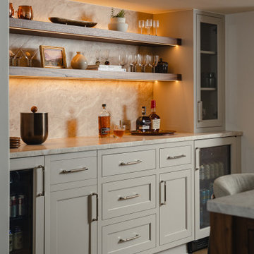 Wet Bar with Floating Shelves & Stone Backsplash