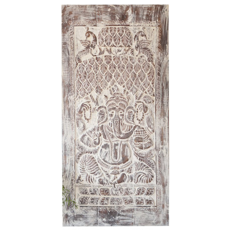 Consigned Vintage Whitewashed Ganesha Barn Door, Kalpavriksha Carved Door