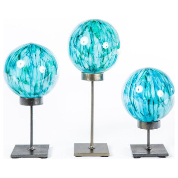 Sculpture Ball on Stand Balls Lake Como Blue Set 3 Glass