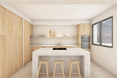 Inspiration pour une grande cuisine ouverte blanche et bois rustique en L avec îlot.