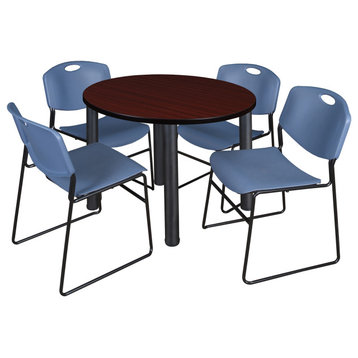 Kee 36" Round Breakroom Table- Mahogany/ Black & 4 Zeng Stack Chairs- Blue