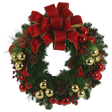 26" Evergreen Holiday Wreath with Berries, Ornaments, Bows and LED Lights, Regular Lights
