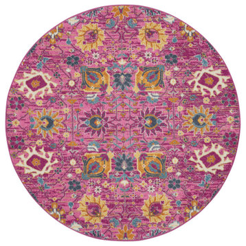 8' Pink Round Floral Power Loom Area Rug