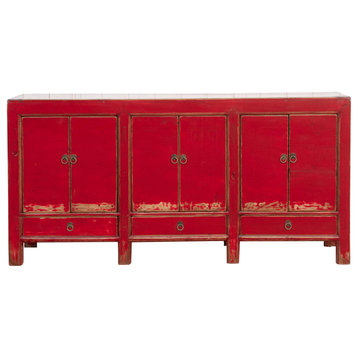 Long Red Lacquered Asian Sideboard