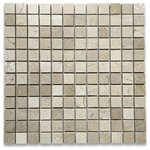 Stone Center Online - Crema Marfil Marble 1" Grid Square Mosaic Bathroom Beige Tile Polished, 1 sheet - Color: Crema Marfil Marble (a textured clean creamy beige stone background with tones of yellow, cinnamon, white and even goldish beige soft thin veins);
