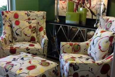 Example of a small trendy enclosed ceramic tile family room design in Other with green walls