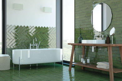 Foto de cuarto de baño industrial pequeño con baldosas y/o azulejos verdes, azulejos en listel y suelo de baldosas de porcelana