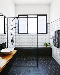 Modern bathroom with curbless shower and hexagon tiles on Craiyon